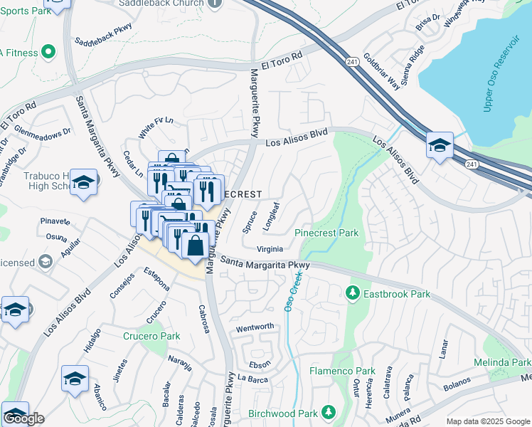 map of restaurants, bars, coffee shops, grocery stores, and more near 21281 Longleaf in Mission Viejo