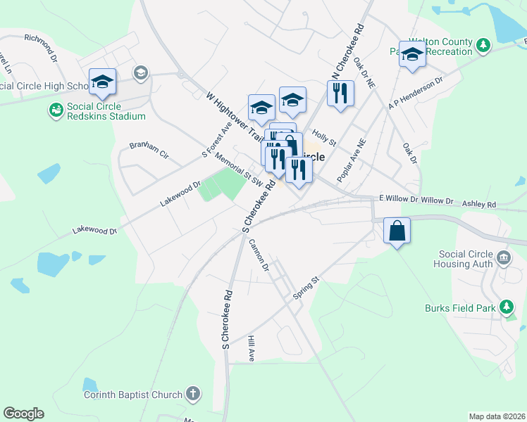 map of restaurants, bars, coffee shops, grocery stores, and more near 1081 North Cherokee Road in Social Circle