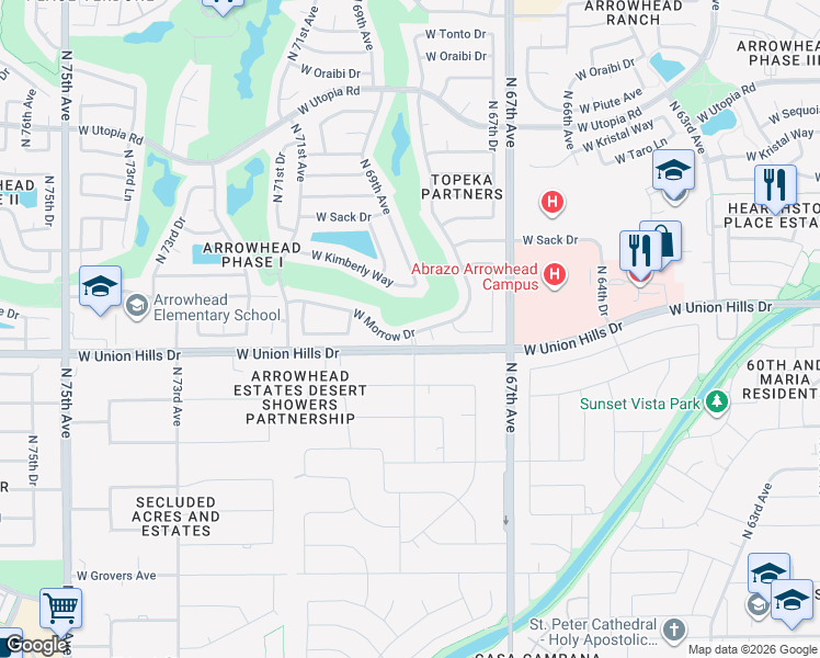 map of restaurants, bars, coffee shops, grocery stores, and more near 6904 West Morrow Drive in Glendale