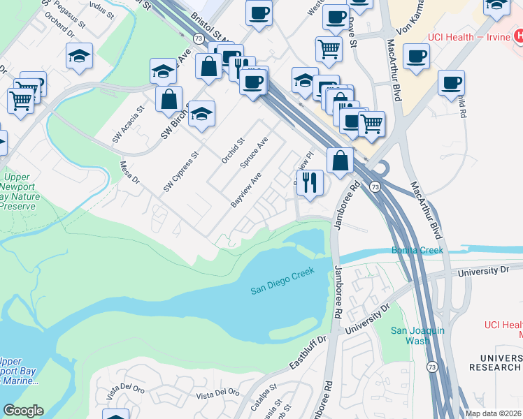 map of restaurants, bars, coffee shops, grocery stores, and more near 51 Shearwater Place in Newport Beach