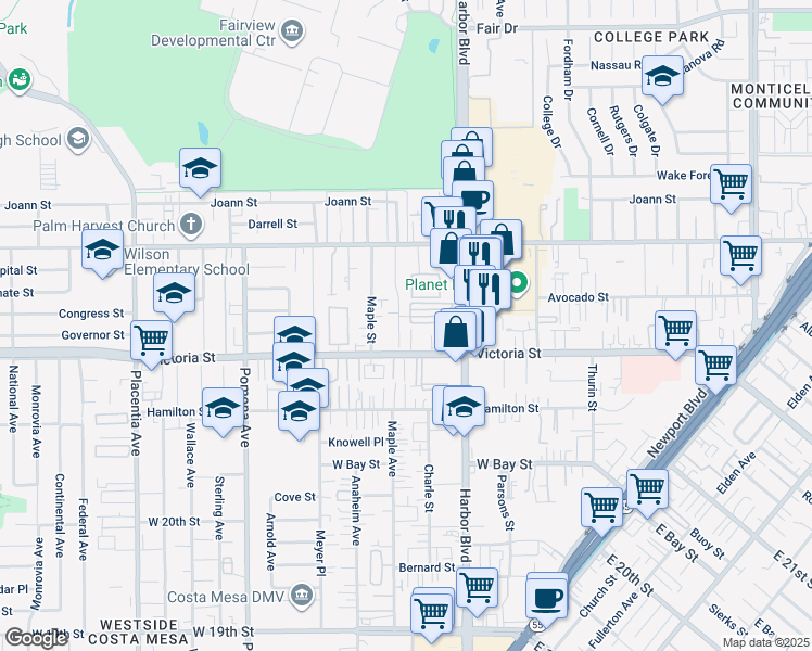 map of restaurants, bars, coffee shops, grocery stores, and more near 2191 Harbor Boulevard in Costa Mesa