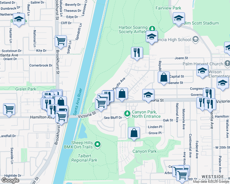 map of restaurants, bars, coffee shops, grocery stores, and more near 2198 Pacific Avenue in Costa Mesa