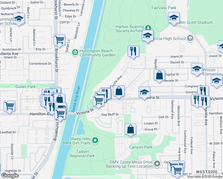 map of restaurants, bars, coffee shops, grocery stores, and more near 2186 Pacific Avenue in Costa Mesa