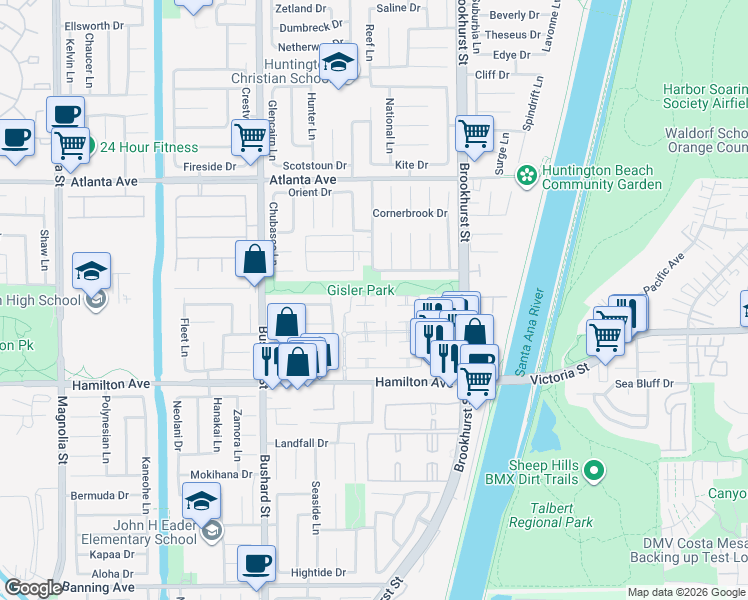 map of restaurants, bars, coffee shops, grocery stores, and more near 9792 Strathmoor Lane in Huntington Beach