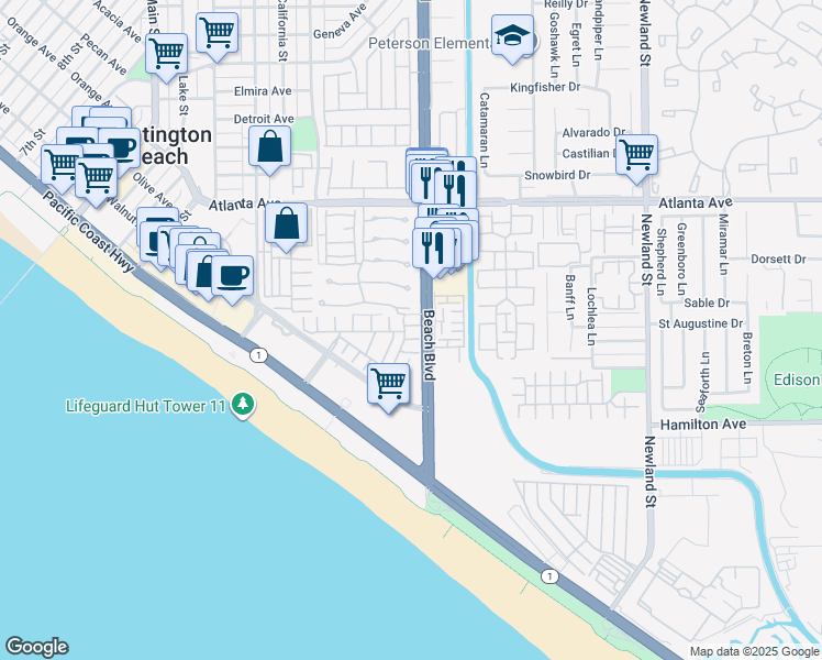 map of restaurants, bars, coffee shops, grocery stores, and more near in Huntington Beach