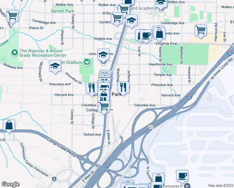 map of restaurants, bars, coffee shops, grocery stores, and more near 3710 Main Street in College Park