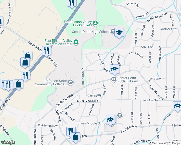 map of restaurants, bars, coffee shops, grocery stores, and more near 624 26th Avenue Northwest in Center Point