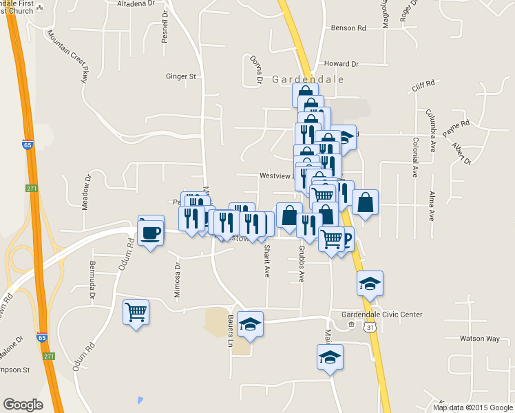 map of restaurants, bars, coffee shops, grocery stores, and more near 1115 Brookwood Court in Gardendale