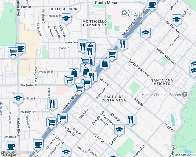 map of restaurants, bars, coffee shops, grocery stores, and more near 2274 Newport Boulevard in Costa Mesa