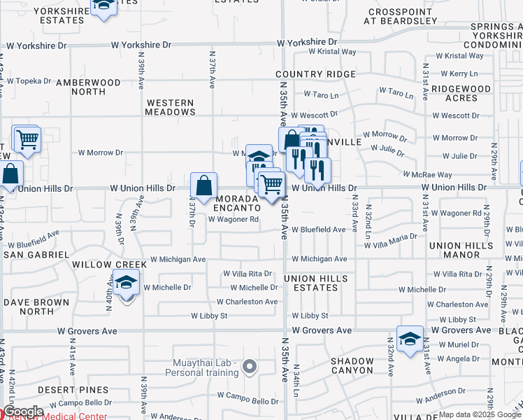 map of restaurants, bars, coffee shops, grocery stores, and more near 3501 West Union Hills Drive in Glendale
