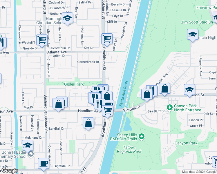 map of restaurants, bars, coffee shops, grocery stores, and more near 21372 Brookhurst Street in Huntington Beach