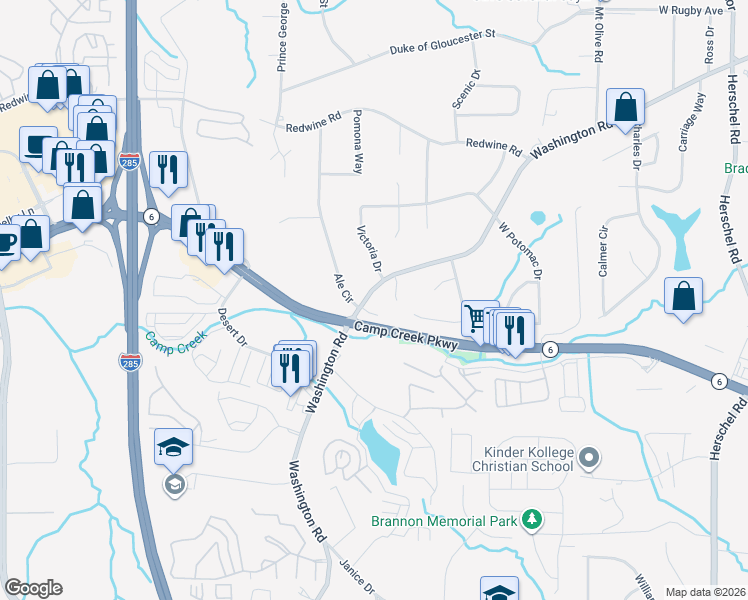 map of restaurants, bars, coffee shops, grocery stores, and more near 3730 Washington Road in East Point