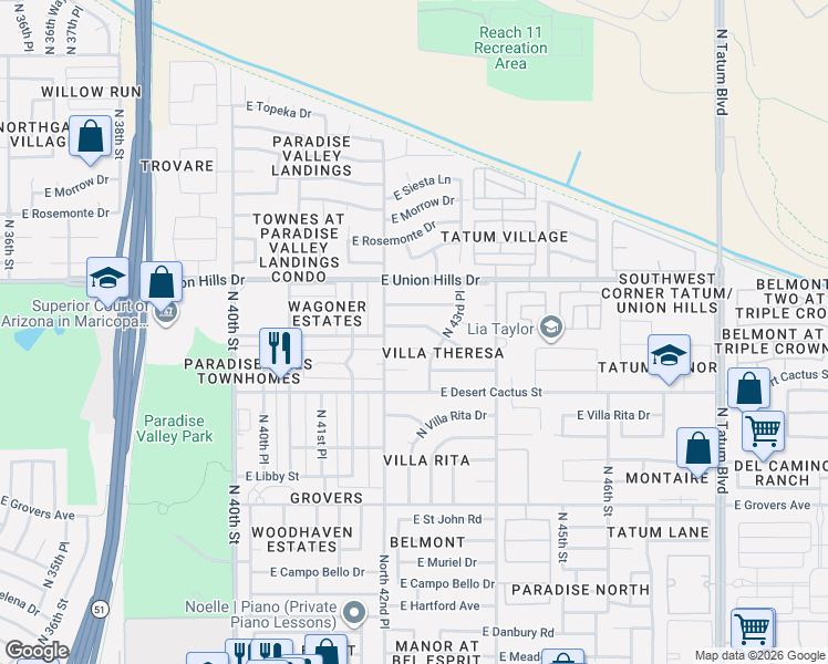 map of restaurants, bars, coffee shops, grocery stores, and more near 4240 East Bluefield Avenue in Phoenix