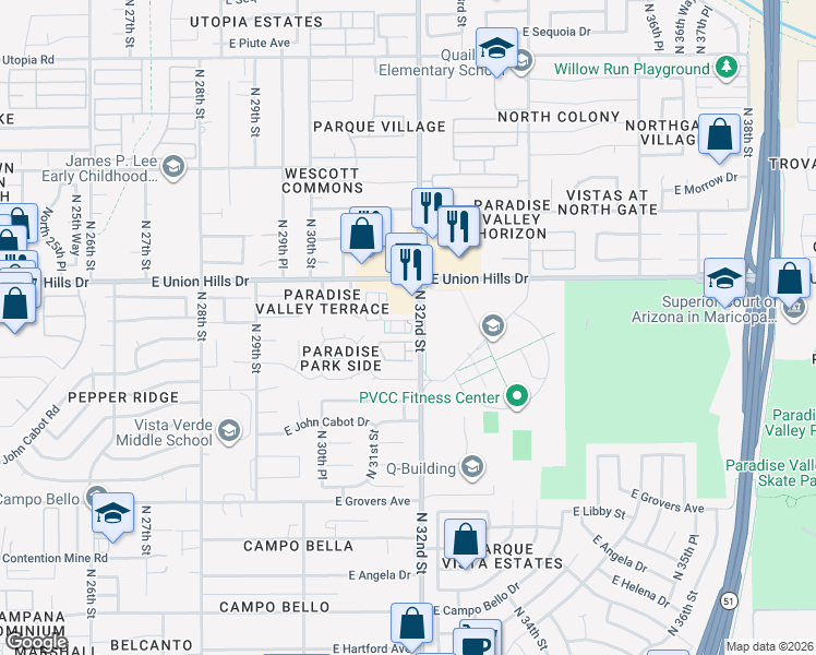 map of restaurants, bars, coffee shops, grocery stores, and more near 18350 North 32nd Street in Phoenix