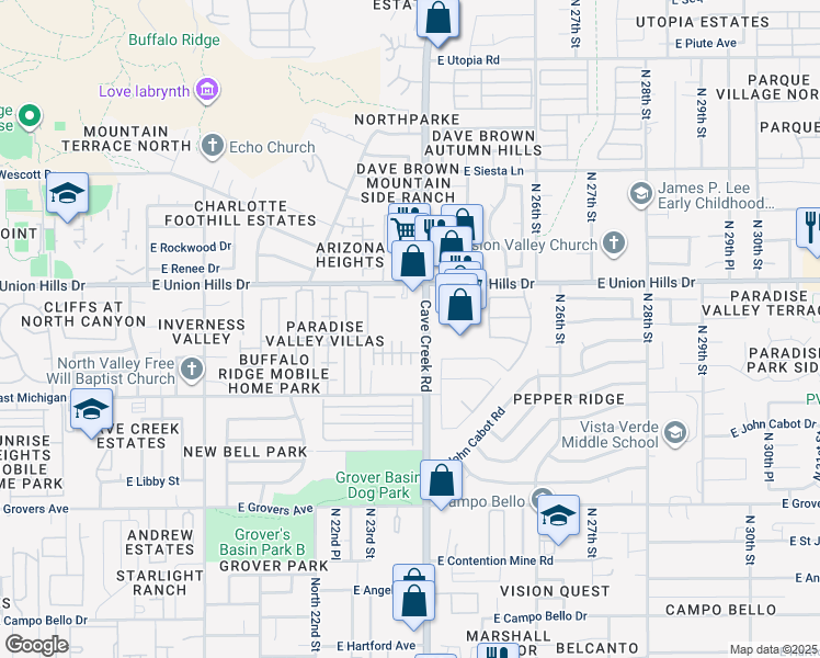 map of restaurants, bars, coffee shops, grocery stores, and more near 18416 North Cave Creek Road in Phoenix