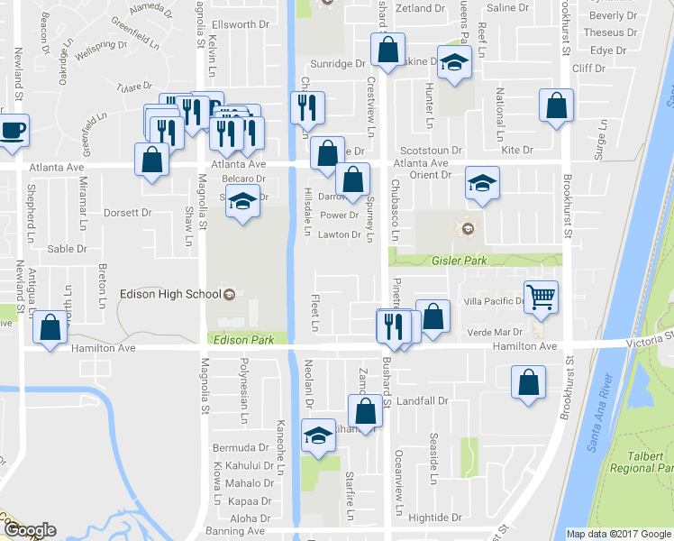 map of restaurants, bars, coffee shops, grocery stores, and more near 9351 Southshore Drive in Huntington Beach