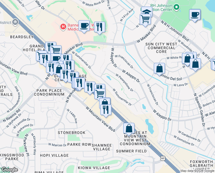 map of restaurants, bars, coffee shops, grocery stores, and more near 14106 West Summerstar Drive in Sun City West