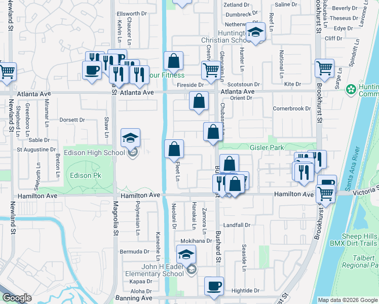 map of restaurants, bars, coffee shops, grocery stores, and more near 9351 Southshore Drive in Huntington Beach