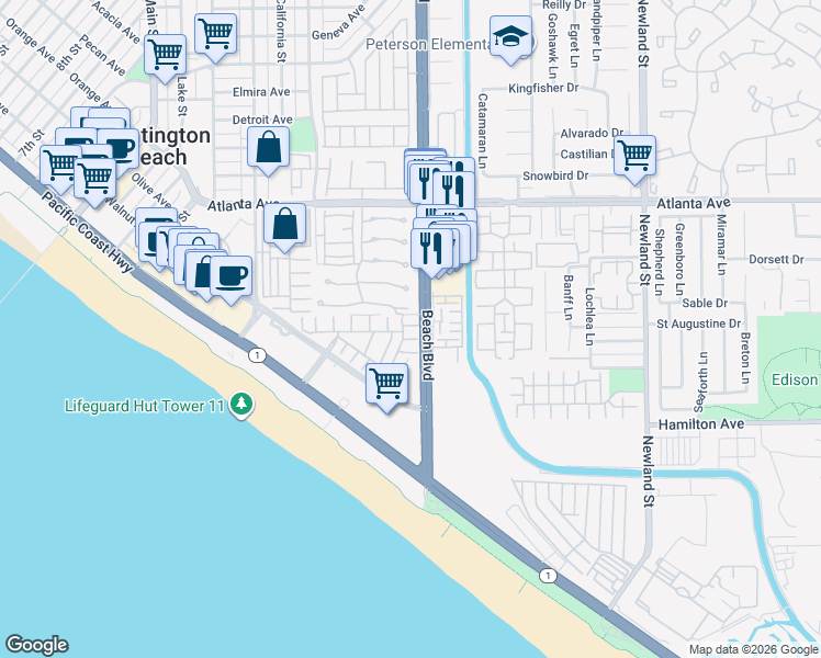 map of restaurants, bars, coffee shops, grocery stores, and more near 7977 Aldea Circle in Huntington Beach