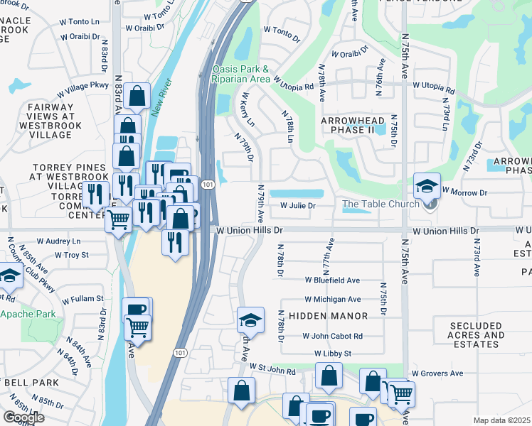 map of restaurants, bars, coffee shops, grocery stores, and more near 7844 West Julie Drive in Glendale
