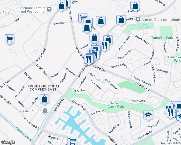 map of restaurants, bars, coffee shops, grocery stores, and more near 24535 Vía Tequila in Lake Forest