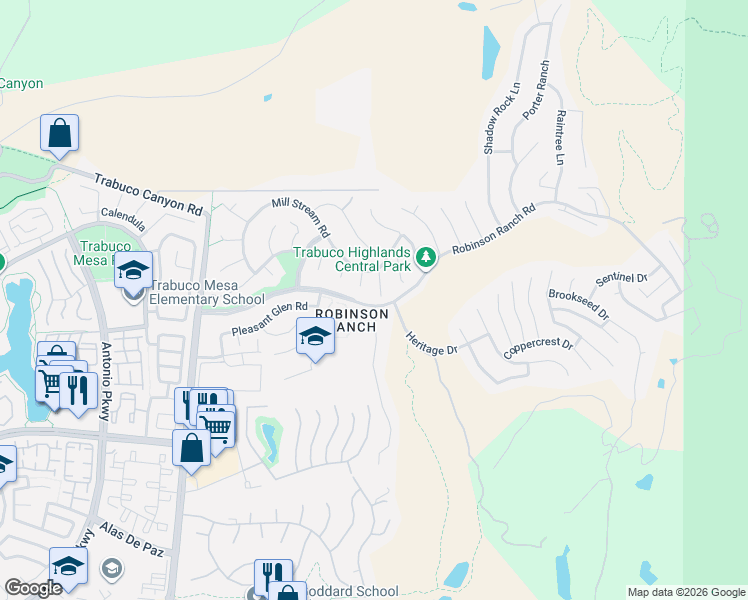 map of restaurants, bars, coffee shops, grocery stores, and more near 21265 Sugarbush Circle in Trabuco Canyon