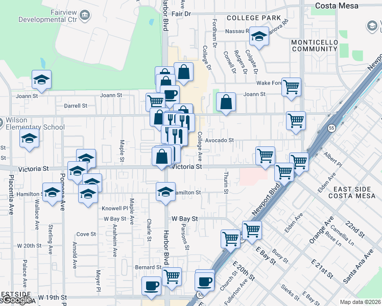 map of restaurants, bars, coffee shops, grocery stores, and more near 400 Brighton Springs in Costa Mesa