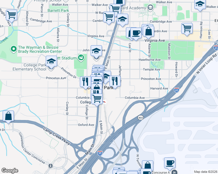 map of restaurants, bars, coffee shops, grocery stores, and more near 1805 Harvard Avenue in College Park