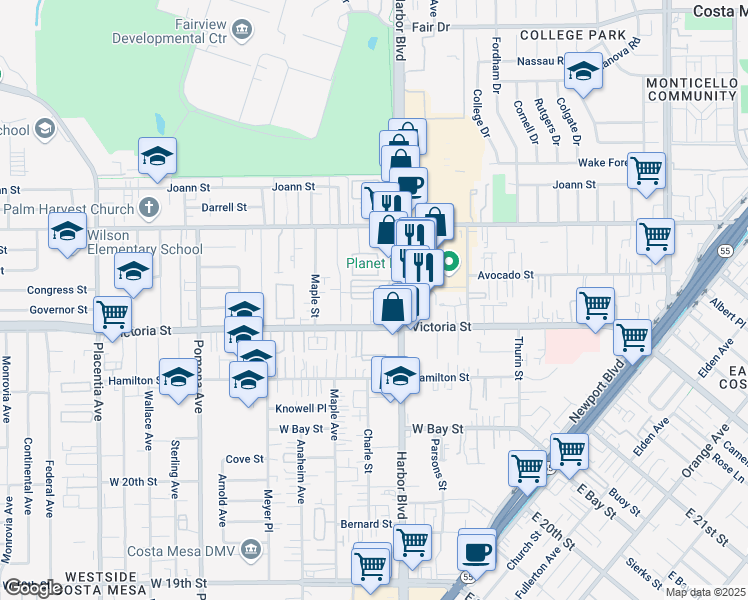 map of restaurants, bars, coffee shops, grocery stores, and more near 2191 Harbor Boulevard in Costa Mesa