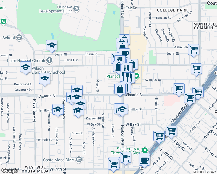 map of restaurants, bars, coffee shops, grocery stores, and more near 2191 Harbor Boulevard in Costa Mesa
