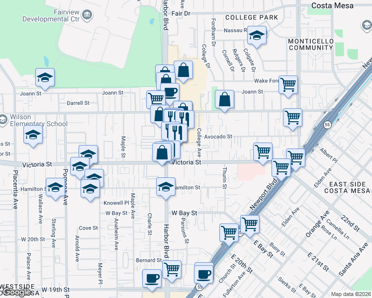 map of restaurants, bars, coffee shops, grocery stores, and more near 439 Bryson Springs in Costa Mesa