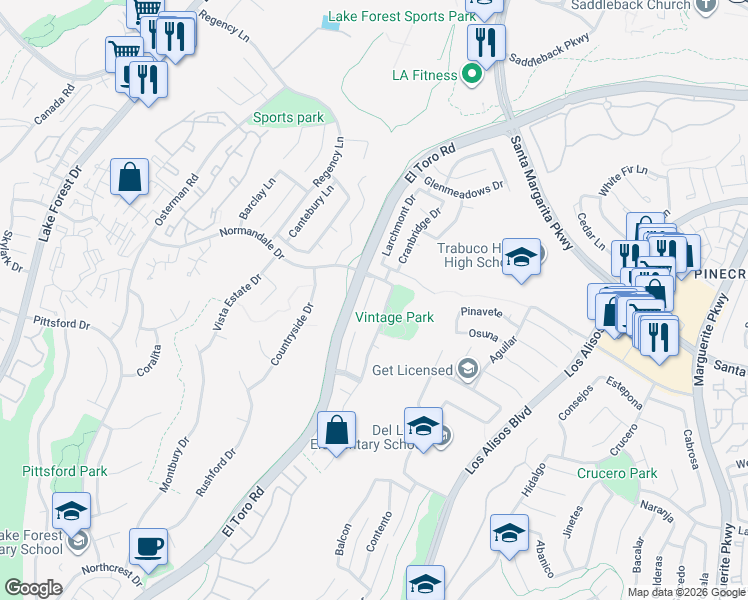 map of restaurants, bars, coffee shops, grocery stores, and more near 21272 Forest Meadow Drive in Lake Forest