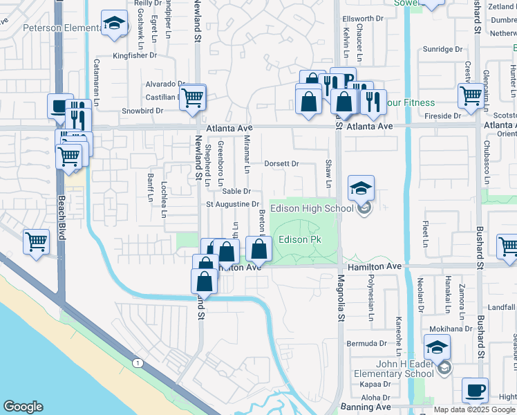 map of restaurants, bars, coffee shops, grocery stores, and more near 8631 Saint Augustine Drive in Huntington Beach