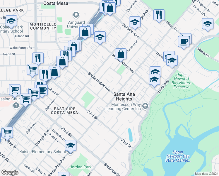 map of restaurants, bars, coffee shops, grocery stores, and more near 264 Santa Isabel Avenue in Costa Mesa