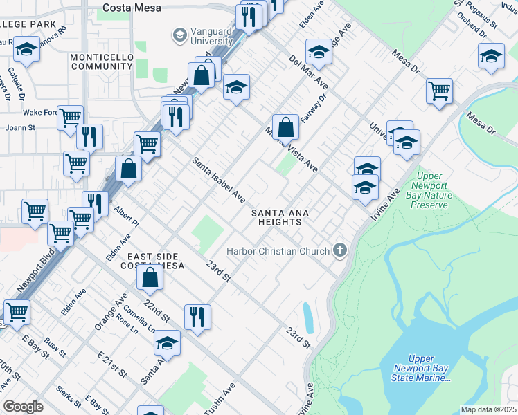 map of restaurants, bars, coffee shops, grocery stores, and more near 264 Santa Isabel Avenue in Costa Mesa