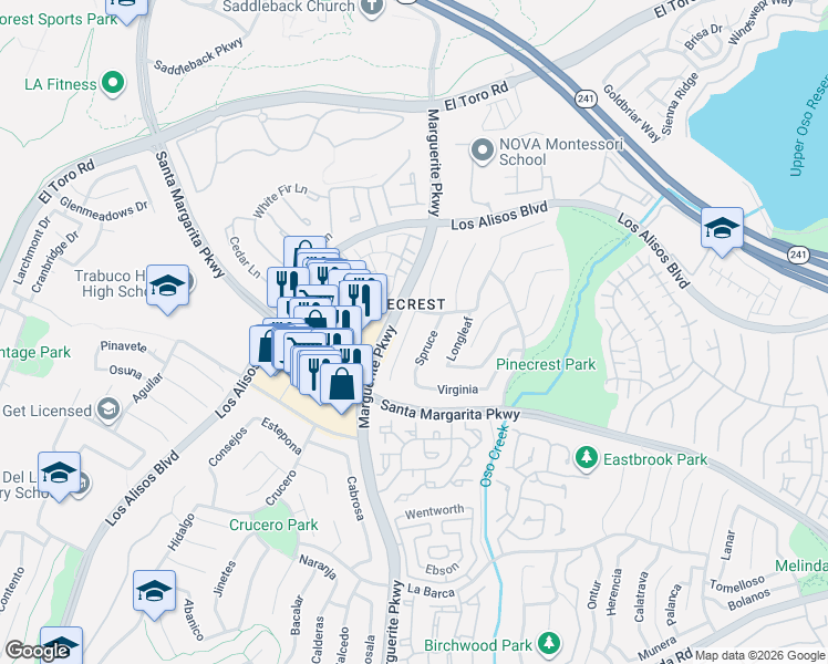 map of restaurants, bars, coffee shops, grocery stores, and more near 21262 Bristlecone in Mission Viejo