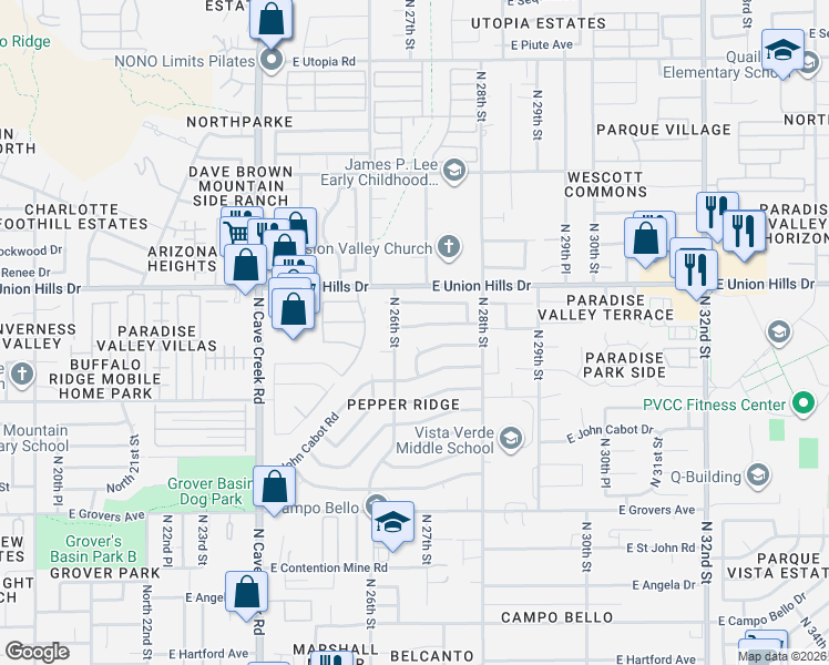 map of restaurants, bars, coffee shops, grocery stores, and more near 2702 East Bluefield Avenue in Phoenix