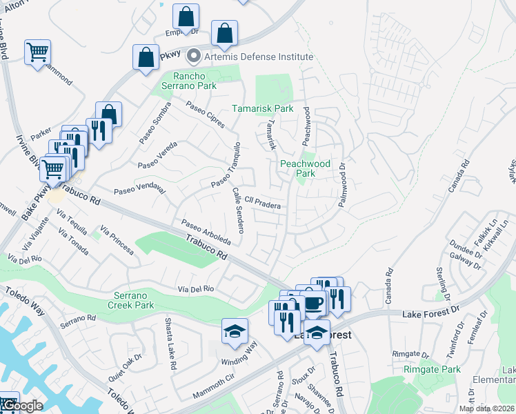 map of restaurants, bars, coffee shops, grocery stores, and more near 25204 Tanoak Lane in Lake Forest