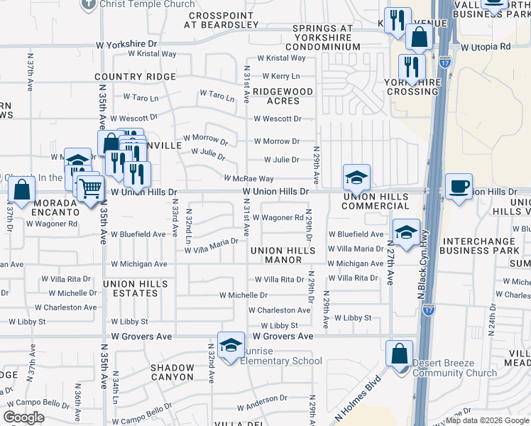 map of restaurants, bars, coffee shops, grocery stores, and more near 18438 North 30th Lane in Phoenix