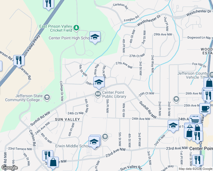 map of restaurants, bars, coffee shops, grocery stores, and more near 517 26th Avenue Northwest in Center Point