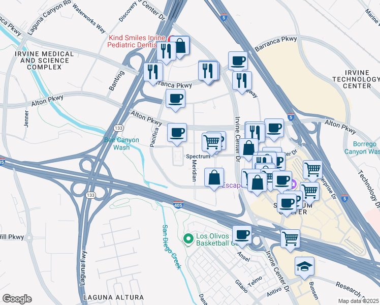 map of restaurants, bars, coffee shops, grocery stores, and more near 6209 Spectrum in Irvine