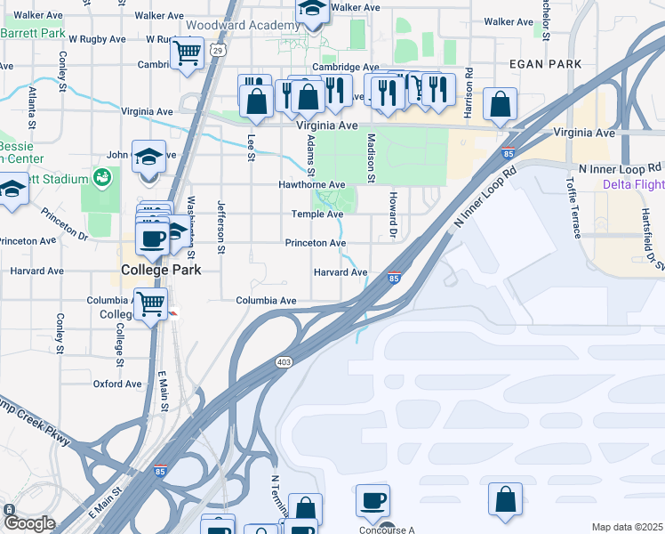 map of restaurants, bars, coffee shops, grocery stores, and more near 1591 Harvard Avenue in College Park