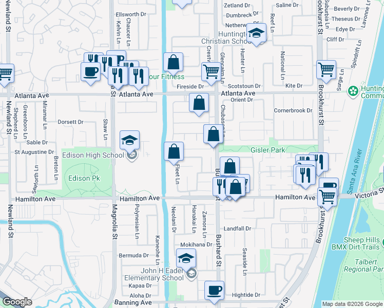 map of restaurants, bars, coffee shops, grocery stores, and more near 9361 Southshore Drive in Huntington Beach