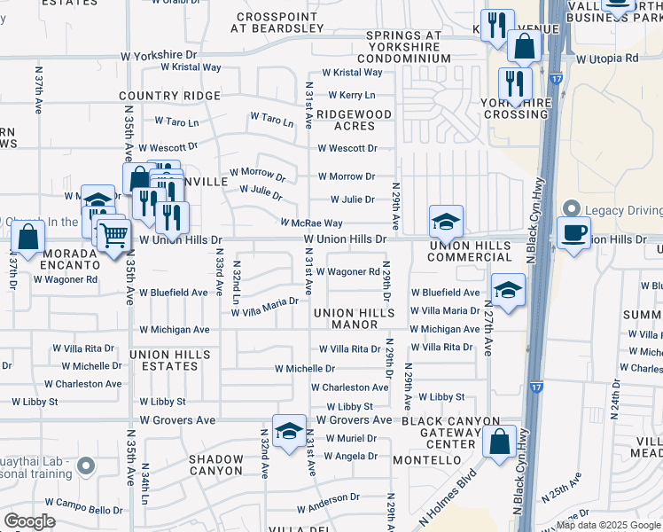 map of restaurants, bars, coffee shops, grocery stores, and more near 18438 North 30th Lane in Phoenix