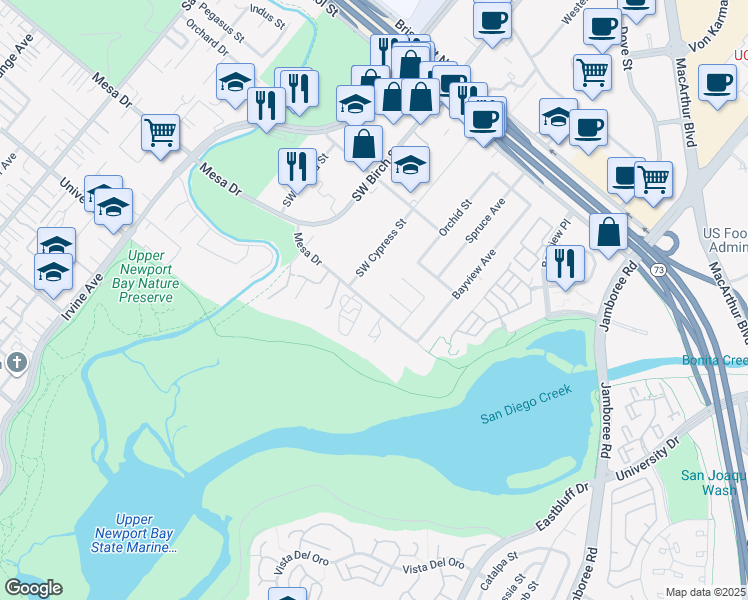 map of restaurants, bars, coffee shops, grocery stores, and more near 2321 Mesa Drive in Newport Beach
