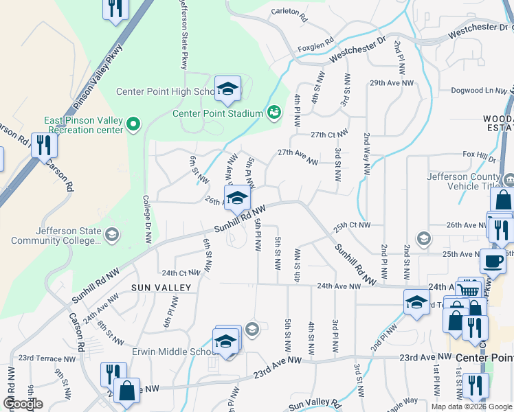 map of restaurants, bars, coffee shops, grocery stores, and more near 517 26th Avenue Northwest in Center Point