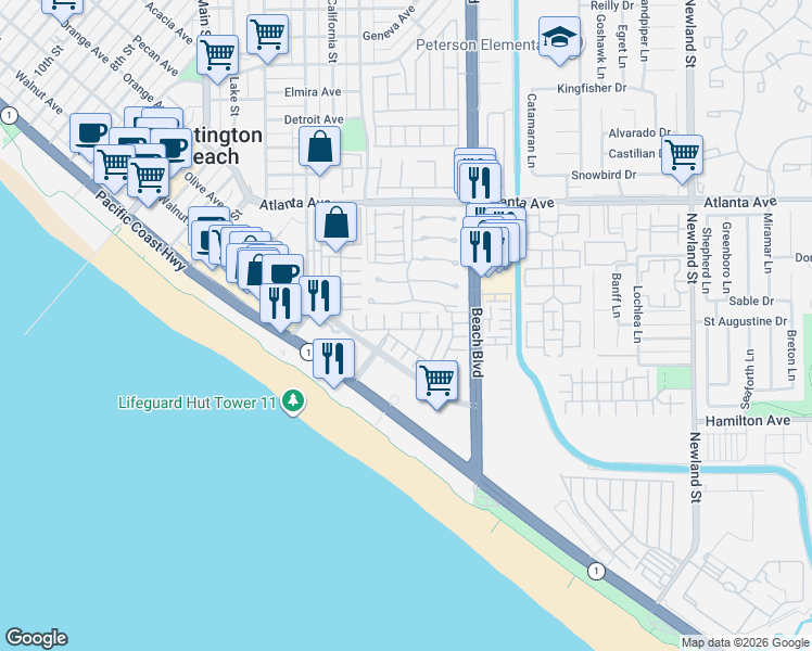 map of restaurants, bars, coffee shops, grocery stores, and more near 21270 Elda Circle in Huntington Beach