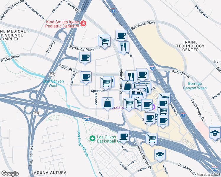 map of restaurants, bars, coffee shops, grocery stores, and more near 50 Prism in Irvine