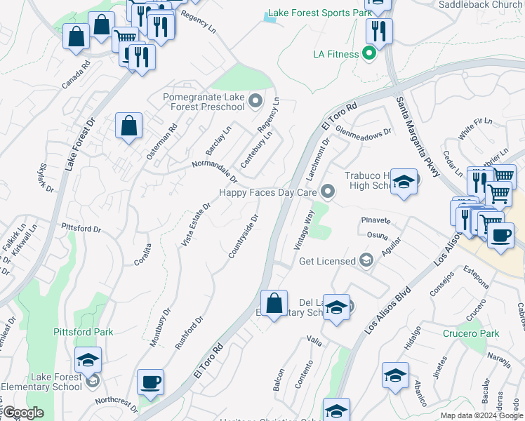 map of restaurants, bars, coffee shops, grocery stores, and more near 21302 Countryside Drive in Lake Forest
