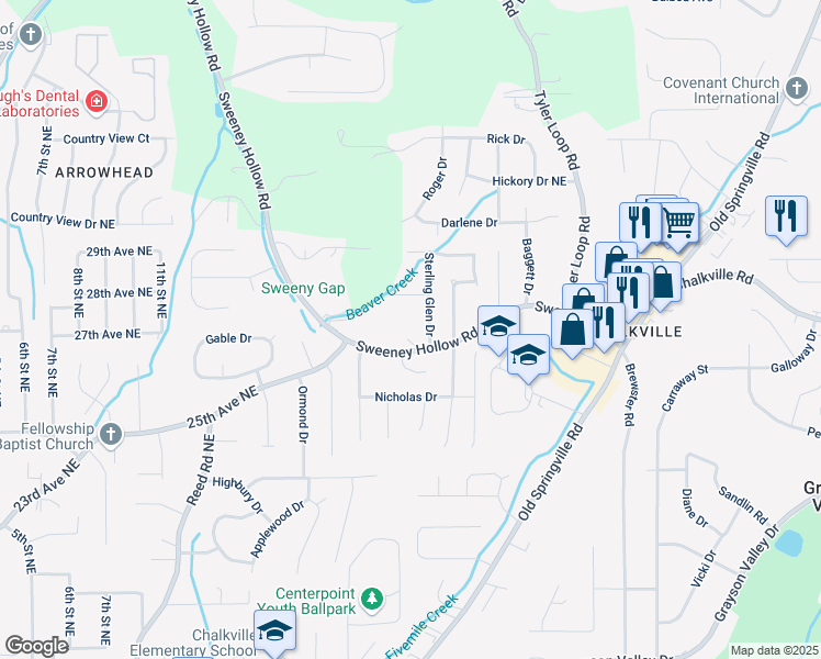 map of restaurants, bars, coffee shops, grocery stores, and more near 5124 Sterling Glen Drive in Pinson